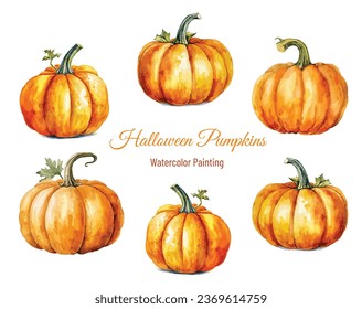 Watercolor Pumpkins set collection, Vector illustration of Pumpkins halloween in vintage watercolor style,Vector illustration of halloween  in vintage watercolor style, halloween and pumpkins element