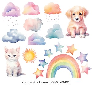 Watercolor puppy, kitty. Set of vector hand drawn nursery elements, clouds rainbow, stars, wall stickers