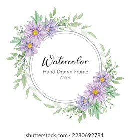 Watercolor purple Aster flower with green leaf circle frame