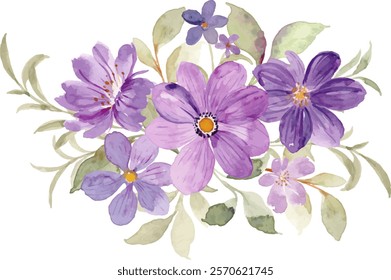 Watercolor purple flower bouquet for background, wedding, fabric, textile, greeting, card, wallpaper, banner, sticker, decoration etc.