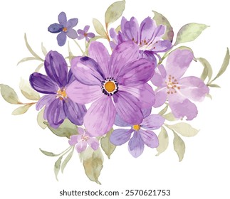 Watercolor purple flower bouquet for background, wedding, fabric, textile, greeting, card, wallpaper, banner, sticker, decoration etc.