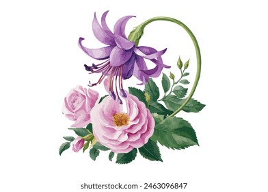 Watercolor purple flower clipart illustration and rose floral branch with green leaves on white background,