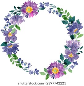 Watercolor purple flower wreath for wedding, birthday, card, background, invitation, wallpaper, sticker, decoration etc.