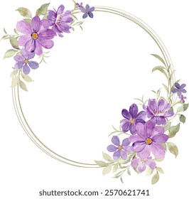 Watercolor purple flower wreath for wedding, birthday, card, background, invitation, wallpaper, sticker, decoration etc.