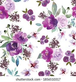 Watercolor Purple Flowers. Seamless Pattern Design. Modern, Farmhouse, Eclectic. Vector Watercolor Flower Pattern.