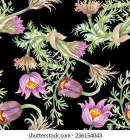 Watercolor purple flowers seamless pattern on black background vector illustration