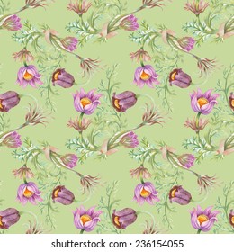Watercolor purple flowers seamless pattern on green background vector illustration