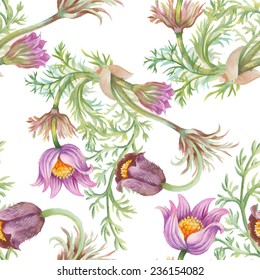 Watercolor purple flowers seamless pattern on white background vector illustration