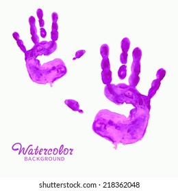 Watercolor purple hand prints isolated on white, abstract vector background and element for your design