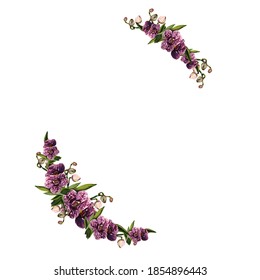 Watercolor purple orchids with buds ,decorated in a frame on a white background.Flower arrangement for wedding invitations and postcards, labels for cosmetics.