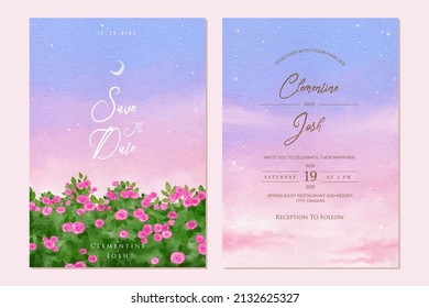 Watercolor purple pastel sky wedding invitation set template