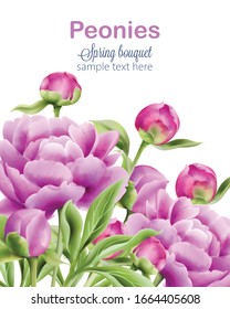 Watercolor purple peonies spring bouquet with green leaves