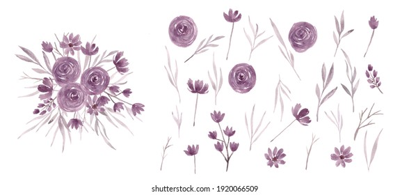 watercolor purple roses and bouquets element isolated premium vector 