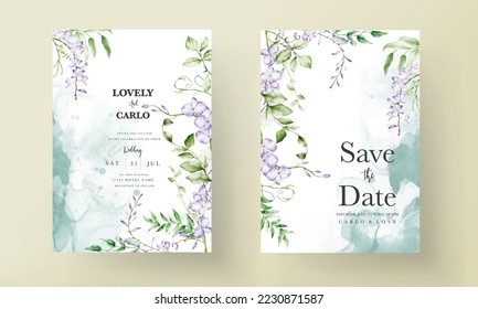 Watercolor purple and violet lilac flowers invitation card svg