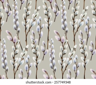 Watercolor pussy-willow vector seamless pattern. Spring branches. Easter decorations