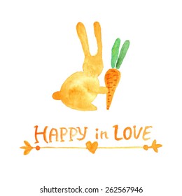 watercolor rabbit with carrot. Hare loves carrot. Watercolor bunny in love. yellow hare silhouette. Cute background design. Original illustration with rabbit.