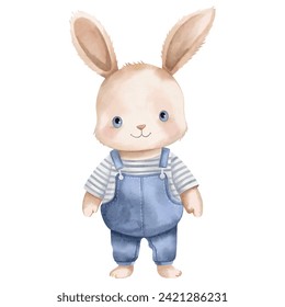 Aquarellkaninchen in Kleidung. Aquarellspielzeug. Babyblase, Vektorgrafik. Cute Cartoon Hase