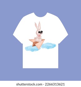 watercolor rabbit flying. cute bunny flying in a kids toy paper airplane