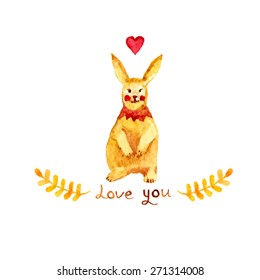 watercolor rabbit. watercolor hear illustration. watercolor animal. love rabbit postcard. rabbit in love. bright background. flower, heart, arrow, dot, branch, yellow hear, crown.