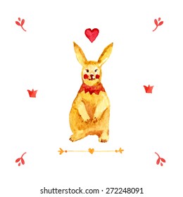 watercolor rabbit. watercolor hear illustration. watercolor animal. love rabbit postcard. rabbit in love. bright background.watercolor flower, heart, arrow, dot, branch, yellow hear, crown.