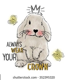 watercolor rabbit illustration with crown for apparel 