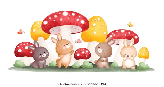 Watercolor rabbit and mushroom in the garden banner background