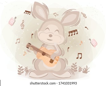 Watercolor Rabbit Plays the Guitar Happily