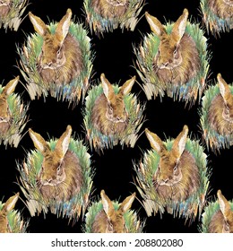 Watercolor rabbit seamless pattern on black background vector illustration