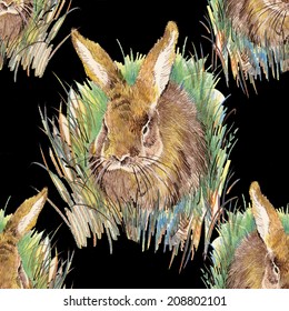 Watercolor rabbit seamless pattern on black background vector illustration