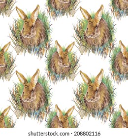 Watercolor rabbit seamless pattern on white background vector illustration