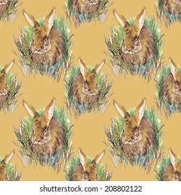 Watercolor rabbit seamless pattern on brown background vector illustration