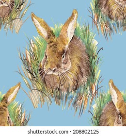 Watercolor rabbit seamless pattern on blue background vector illustration