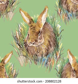 Watercolor rabbit seamless pattern on green background vector illustration