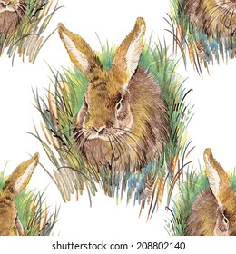 Watercolor rabbit seamless pattern on white background vector illustration