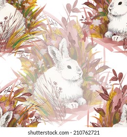 Watercolor rabbit seamless pattern on colorful background vector illustration