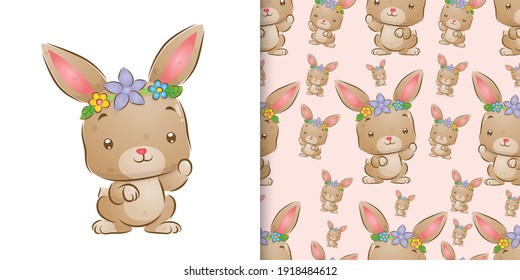 The watercolor of the rabbit using the flowers crown on her head in the pattern set of illustration