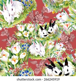 Watercolor rabbits with flowers seamless pattern on red background vector illustration