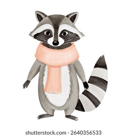 Watercolor raccoon wearing cozy scarf. Hand painted illustration on white background