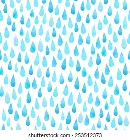 Watercolor rain drops, seamless background with stylized blue raindrops