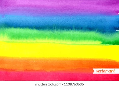 Watercolor rainbow. Abstract painting background. Hand drawn artwork, paper texture. Vector. Colorful. Red, orange, yellow, green, blue, indigo, violet, purple colors. Wallpaper, banner, print