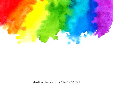 Watercolor rainbow. Abstract painting background. Hand drawn artwork, paper texture. Vector. Colorful. Red, orange, yellow, green, blue, indigo, violet, purple colors. Border frame. Liquid