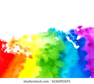 Watercolor rainbow. Abstract painting background. Hand drawn artwork, paper texture. Vector. Colorful. Red, orange, yellow, green, blue, indigo, violet, purple colors. Border frame. Liquid