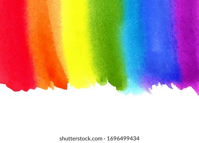 Watercolor rainbow. Abstract painting background. Hand drawn artwork, paper texture. Vector. Colorful. Red, orange, yellow, green, blue, indigo, violet, purple colors. Border frame. Liquid