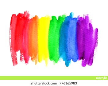 Watercolor rainbow. Abstract painting background. Vector artwork. Hand drawn, paper texture. Colorful. Red, orange, yellow, green, blue, indigo, violet, purple, white colors. Banner, wallpaper pattern