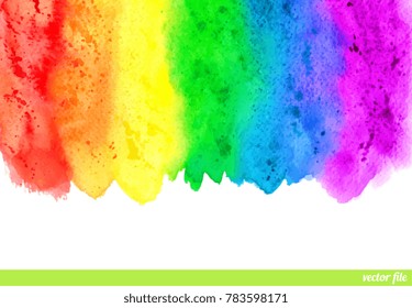 Watercolor rainbow. Abstract painting background. Vector artwork. Red, orange, yellow, green, blue, indigo, violet, purple, white colors.  Hand drawn, paper texture. Colorful banner, wallpaper. 