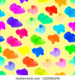 Watercolor rainbow blots. Vector illustration. Abstract shapes seamless pattern. Bright template. Yellow background. Textured backdrop. Painted spots print. Hand drawn multicolored wallpaper.