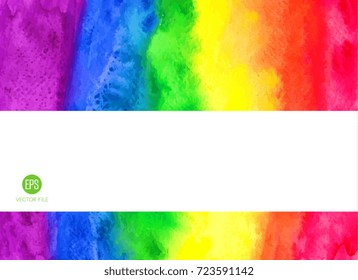 Watercolor rainbow. Border frame. Abstract art painting background. Hand drawn, paper texture. Vector wallpaper. Colorful. Red, orange, yellow, green, blue, violet, purple, white colors. Wonderland