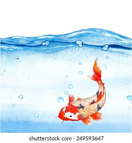 Watercolor rainbow carp in clear water. Hand drawn natural artwork. Vector illustration 