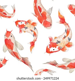 Watercolor rainbow carp pattern. Seamless oriental texture with isolated hand drawn fishes. Underwater wildlife repeating background in vector. Artistic illustration