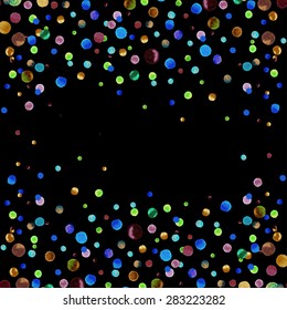 Watercolor rainbow colored confetti border with space for your text. Colorful confetti on black background. Confetti party. Vector illustration 